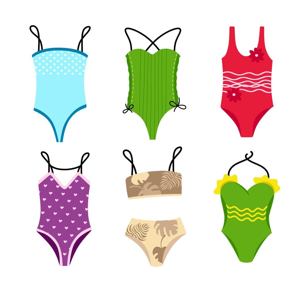 Collection of stylish swimwear and underwear Bikinis and tops Vector illustration isolated on a white background