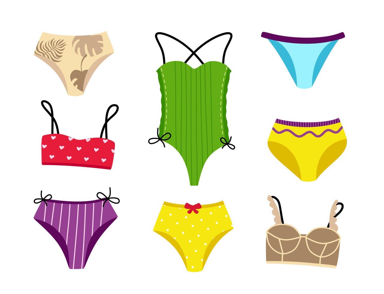 Collection of stylish swimwear and underwear Bikinis and tops Vector illustration isolated on a white background