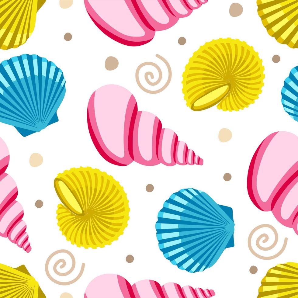 Seamless pattern with shells and clams on a white background Vector illustration in a flat style