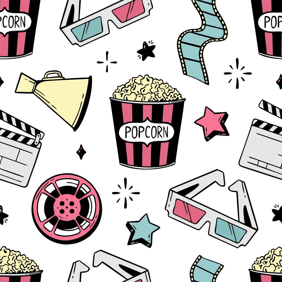 Hand-drawn seamless pattern cinema flapping board film popcorn 3d glasses loudspeaker Vector illustration in doodle style isolated on white background