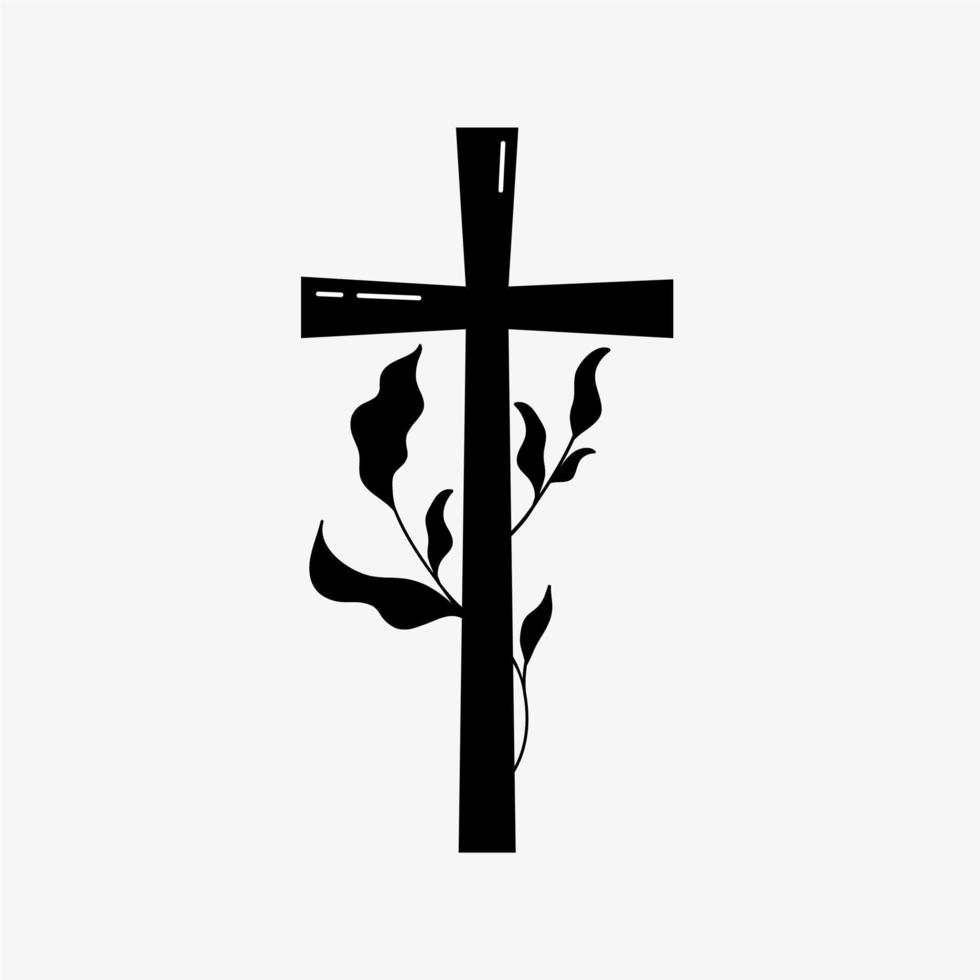Cross religious Funeral design with branches. Vector illustration in black and white