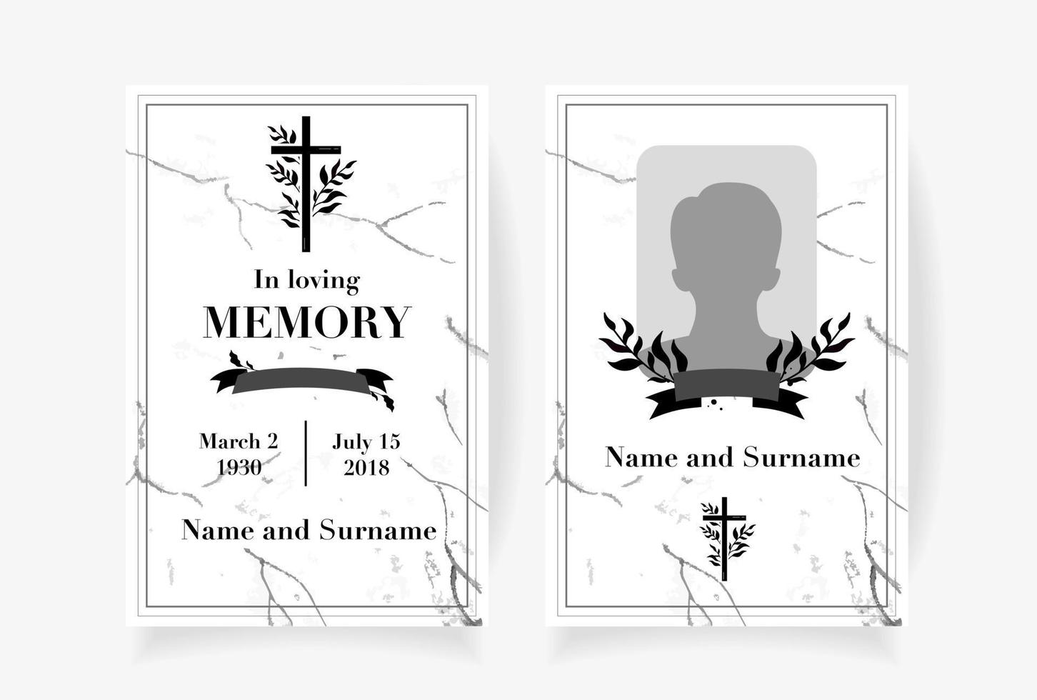 Funeral card template design with branches place under photo cross name and dates of death. Vector illustration in black and white