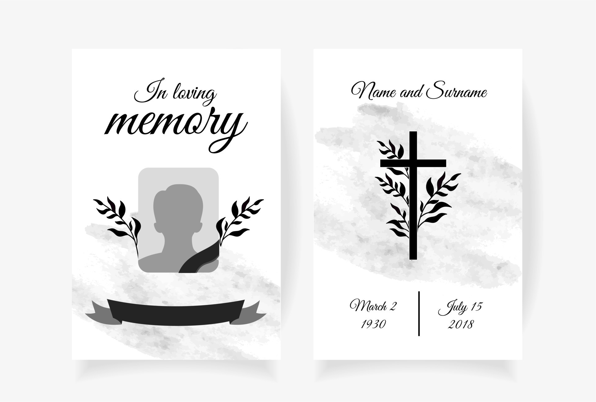 Funeral card template design with branches place under photo cross name
