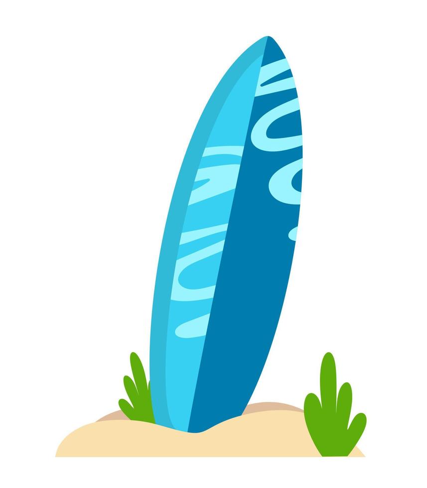 Surfboard standing in the sand in cartoon style Vector illustration isolated on a white background