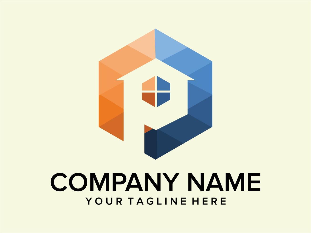 hexagon-shaped house logo with various color combinations vector