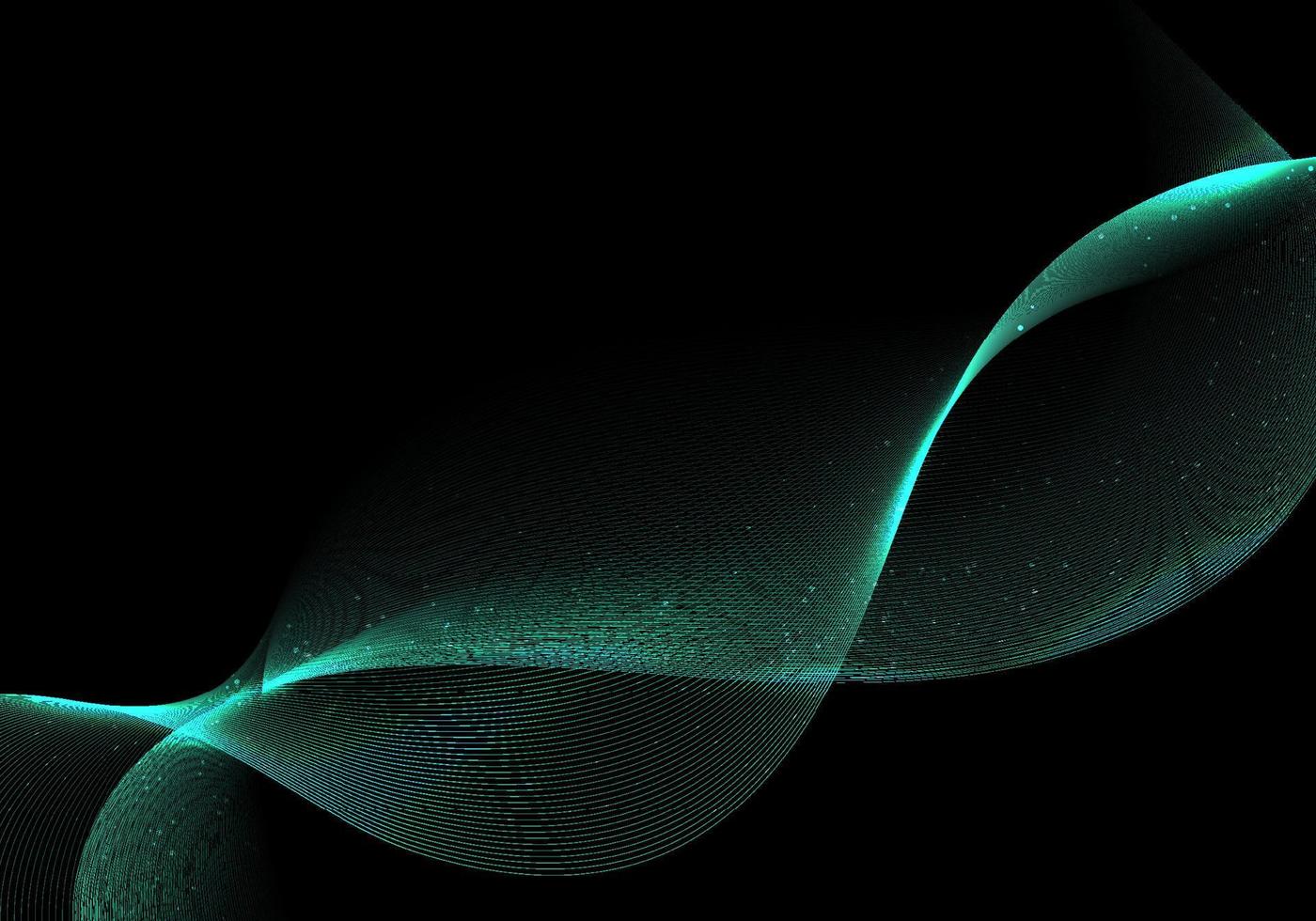 Abstract green wave or wavy lines glow light effect with particles on black background vector