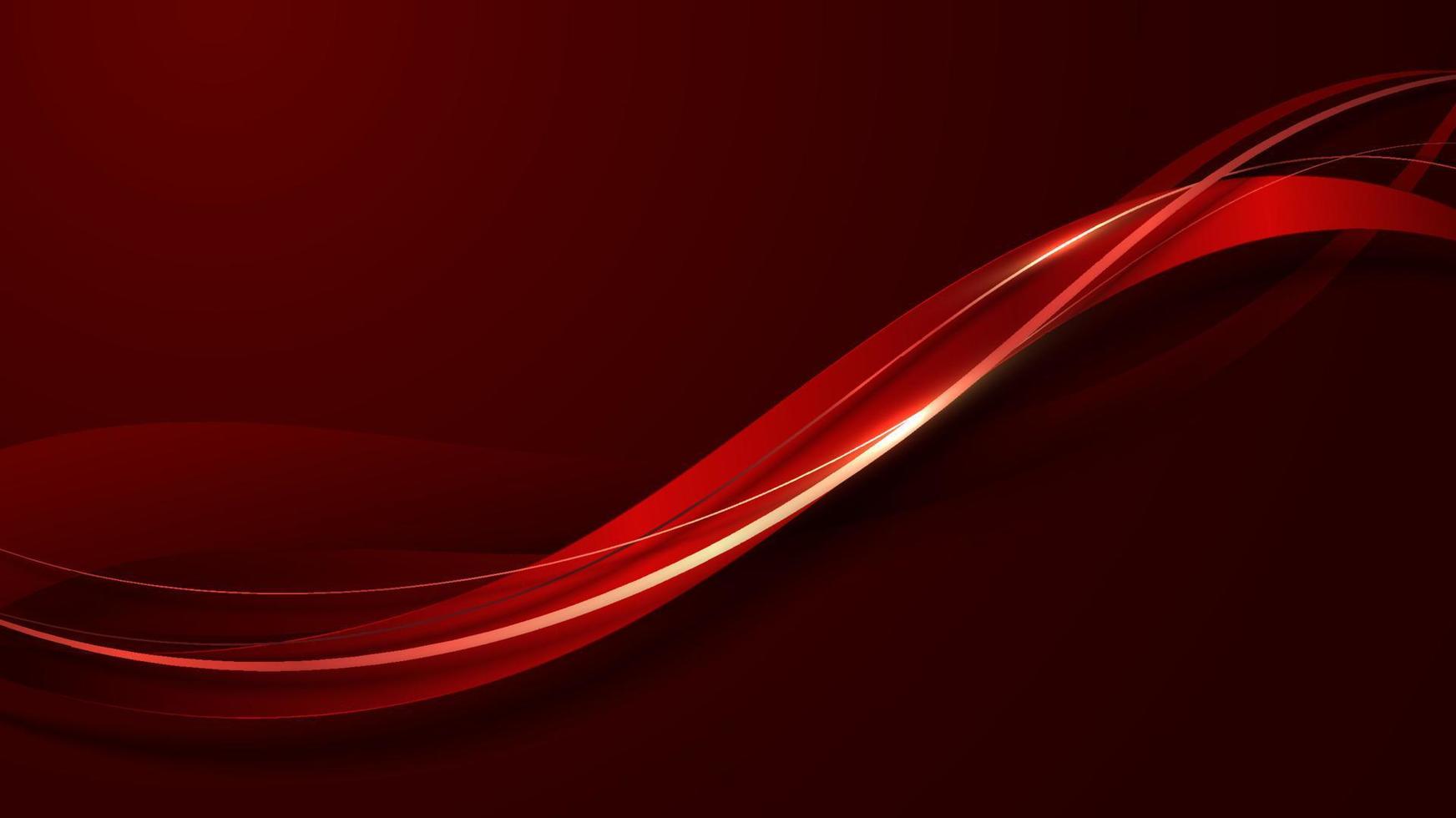 Abstract 3D luxury red color wave lines with shiny golden curved line decoration and glitter lighting on gradient red background vector