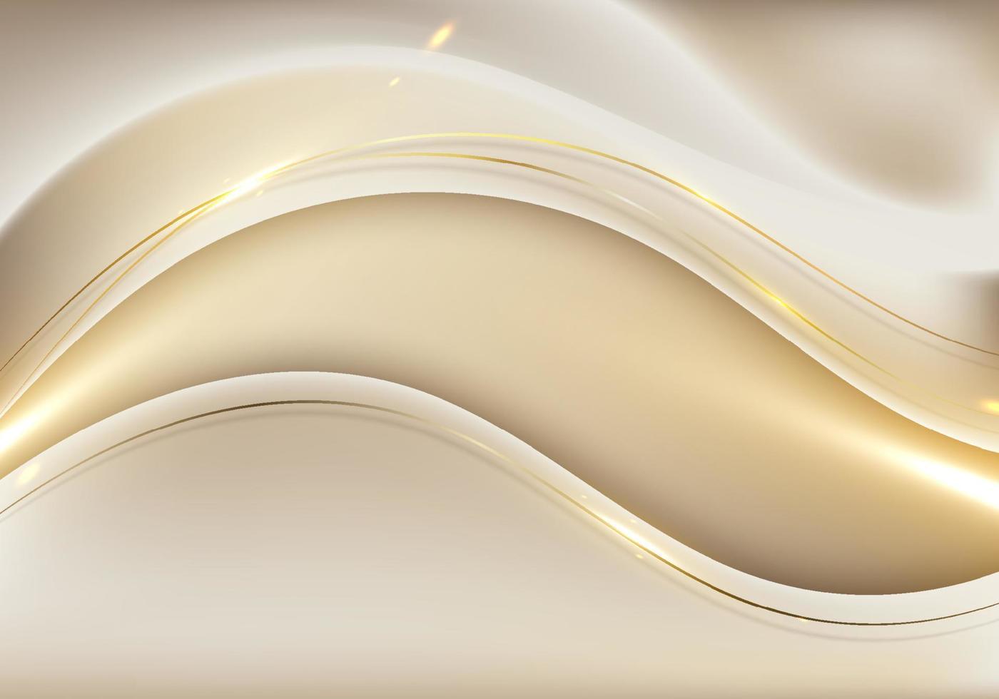 Diseño de plantilla de lujo moderno en 3d dorado, formas de onda de color marrón claro y luz de línea de brillo dorado sobre fondo dorado vector