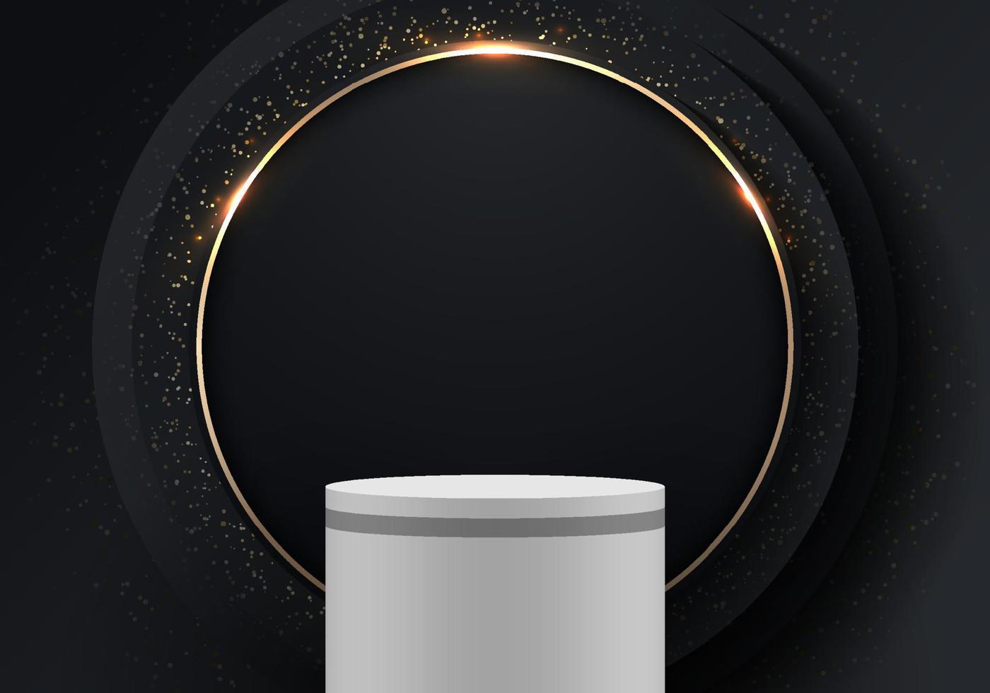 podio blanco 3d elegante abstracto con anillo de oro de fondo de capa de círculos negros vector