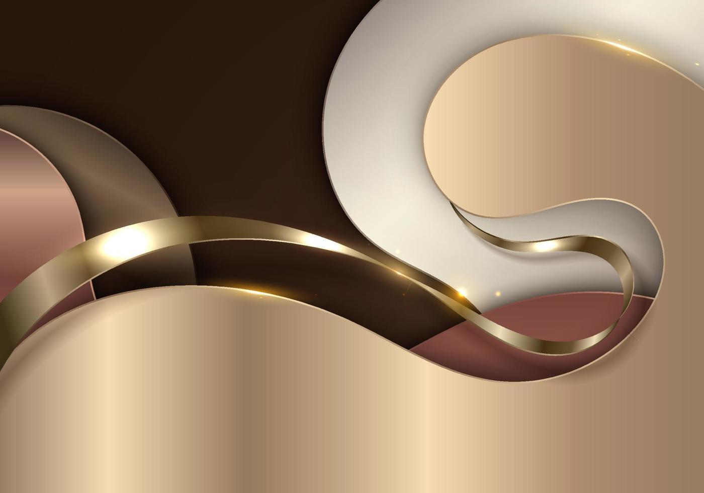 plantilla de diseño de banner de lujo moderno 3d abstracto papel de onda fluida dorada cortado con líneas de cinta dorada sobre fondo marrón vector