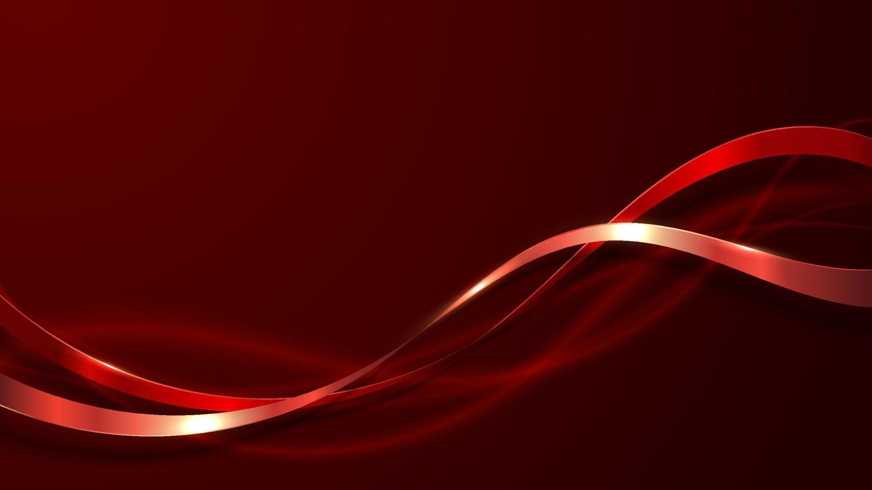 Abstract elegant 3D luxury red color ribbon wave line decoration and glitter lighting on gradient red background vector