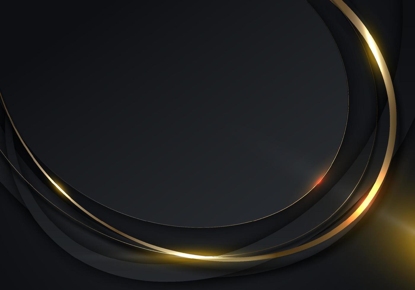 3D modern luxury template design black curved shapes with golden curve lines and lighting sparking on dark background vector