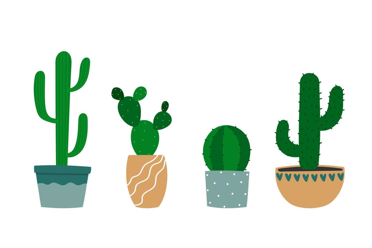 Set of various cactuses in flowerpot. Cartoon colorful houseplants. vector