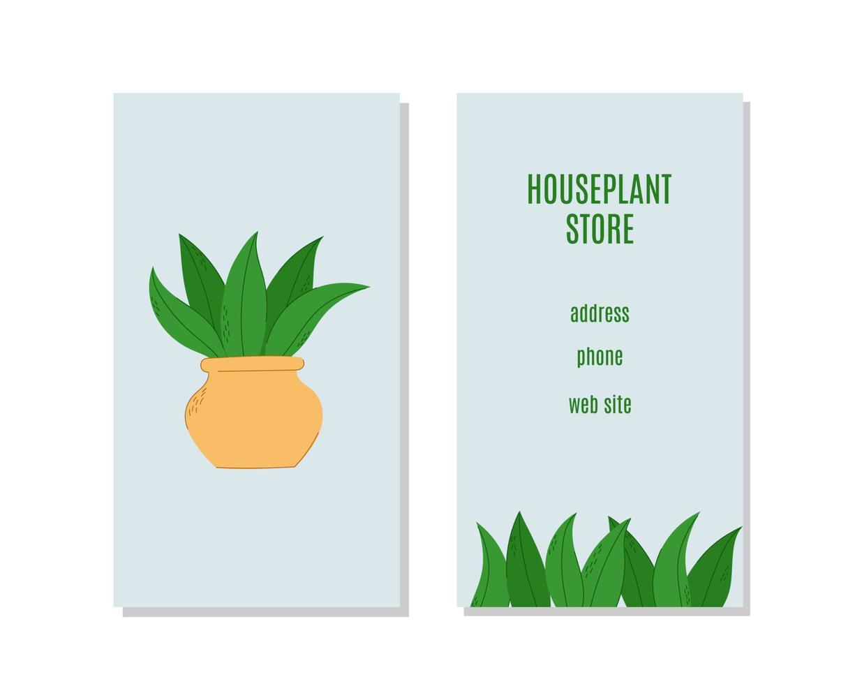 tarjeta de visita de la tienda de plantas de interior, volante. planta dibujada a mano en maceta. concepto de florarium, jardín doméstico, invernadero, jardinería y plantas en maceta. vector