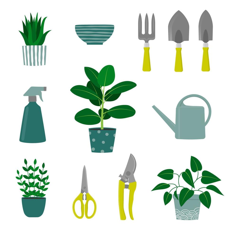 Set of hand drawn houseplants in flowerpots and gardening tools. Urban jungle elements vector