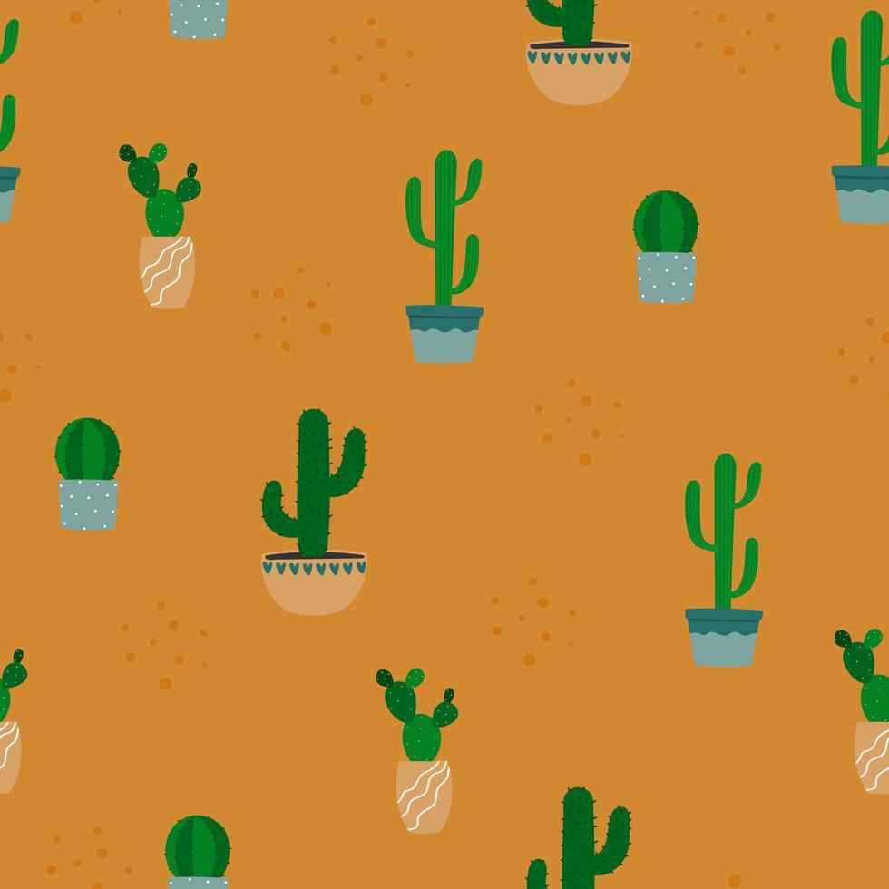 patrón sin costuras de cactus en maceta. plantas de interior coloridas de dibujos animados sobre fondo naranja vector