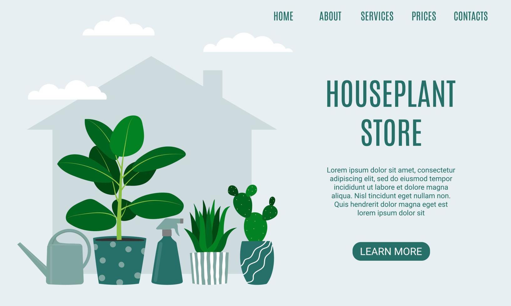 Houseplant store landing page. Cactus, rubber plant, aloe and watering can. vector