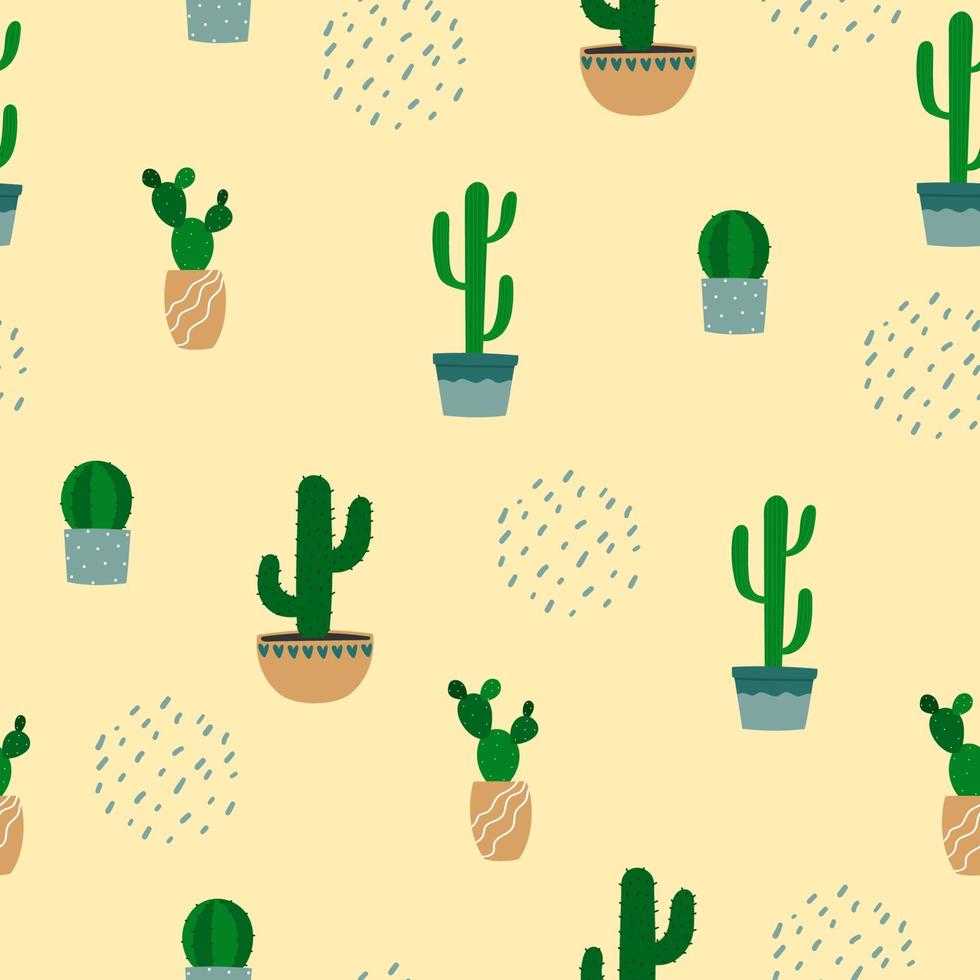 Seamless pattern of cactus in flowerpot. Cartoon colorful houseplants on beige background vector