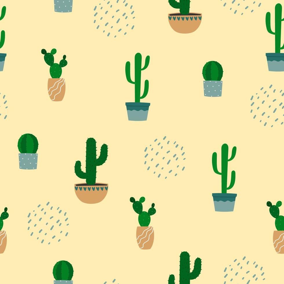 Seamless pattern of cactus in flowerpot. Cartoon colorful houseplants on beige background vector