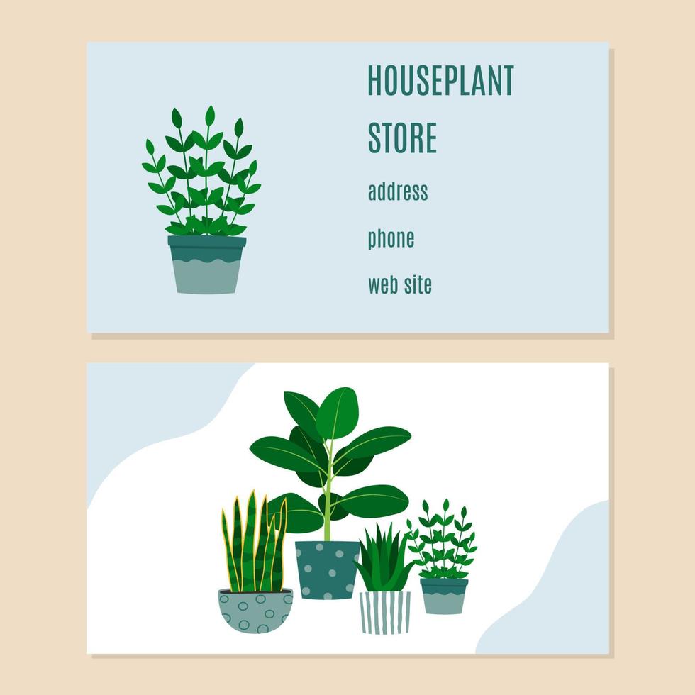 tarjeta de visita de la tienda de plantas de interior. florarium, jardín, invernadero, jardinería, concepto de planta en maceta vector