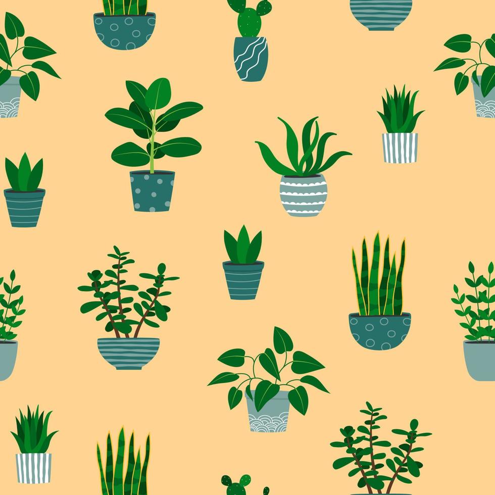 Seamless pattern of houseplants in flowerpots. Cartoon colorful plants on beige background vector