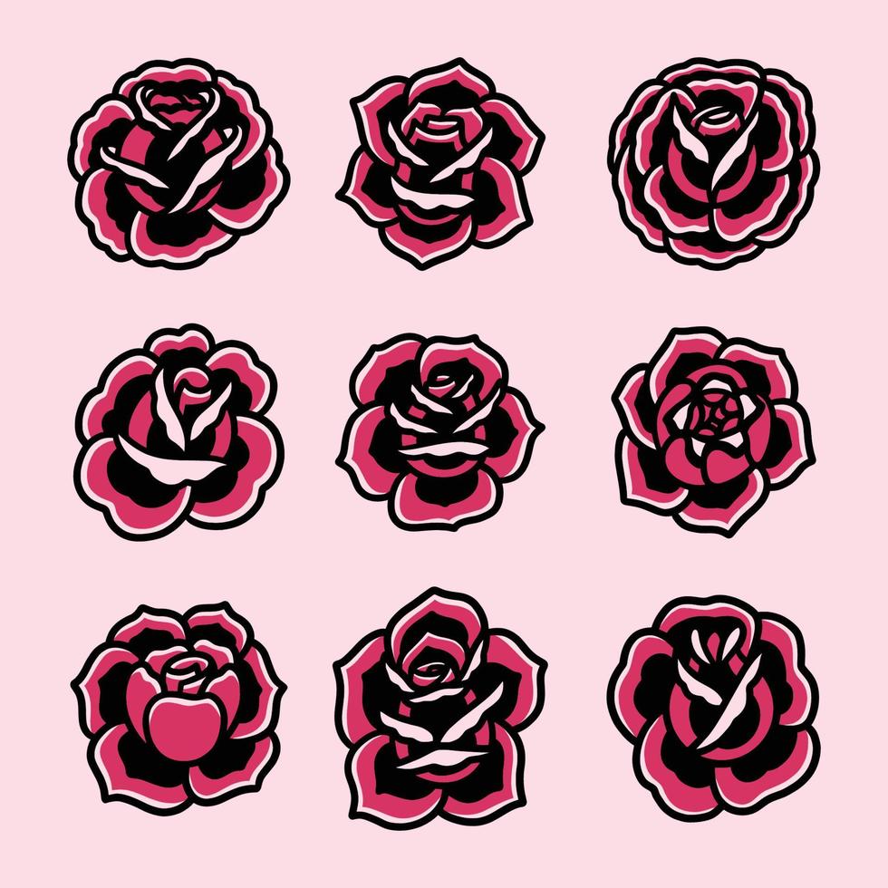 Old school tattoo icons set with red roses symbols isolated vector illustration