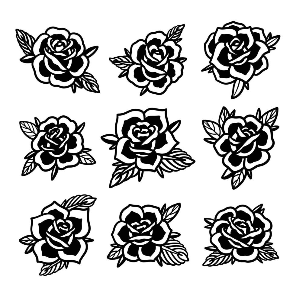 Old school tattoo icons set with roses symbols isolated vector illustration