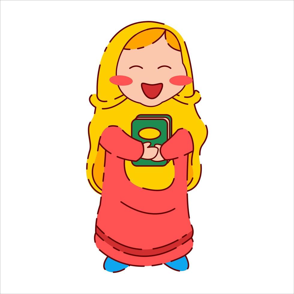 Cute Happy Face Muslimah Girl Wearing Hijab and Bring Koran vector
