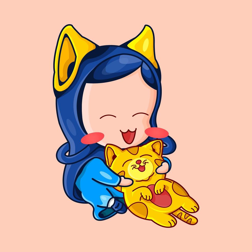 illustration of cute muslim girl playing with cat vector