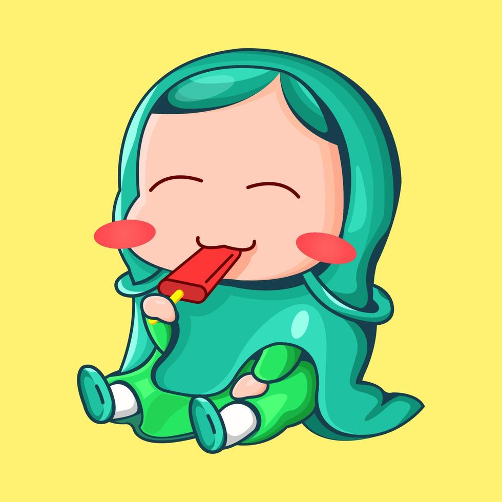 cute chubby muslim girl illustration sitting and eating ice cream vector