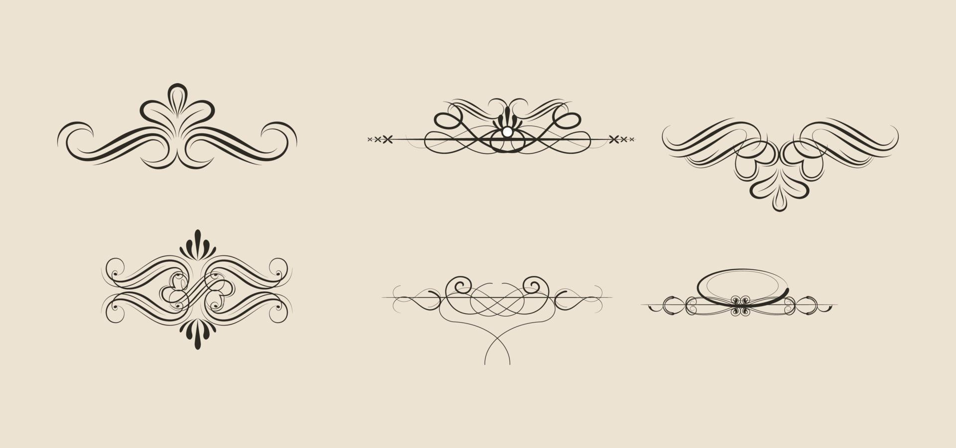 Set of ornamental filigree flourishes and thin dividers. Classical vintage elements vector