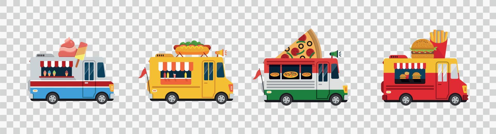 camiones de comida coches vectoriales aislados, furgonetas de dibujos animados para la venta de comida callejera ilustración vectorial vector