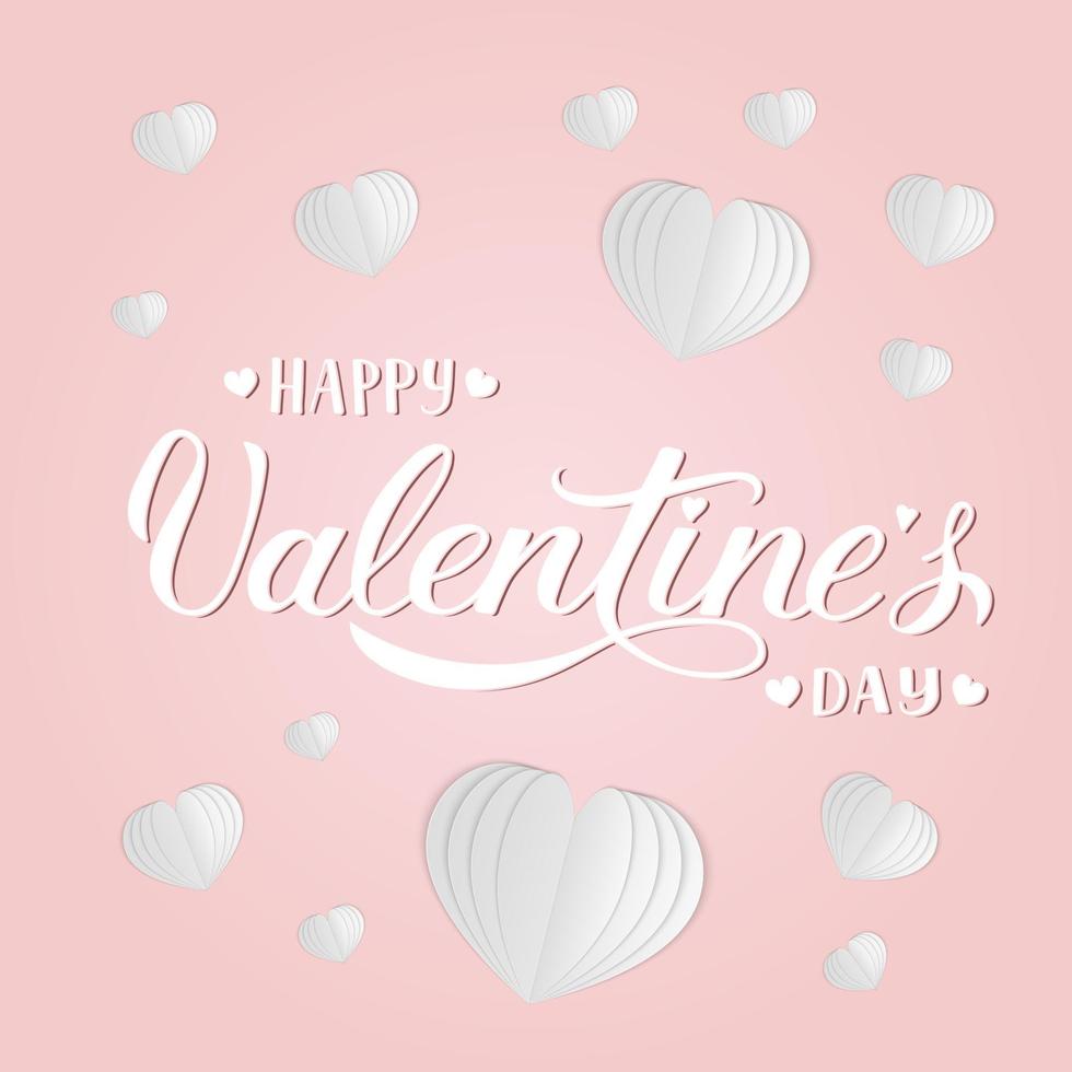 Happy Valentine s day banner with calligraphy hand lettering and white folded paper hearts on pink background. Valentines day 3d greeting card. Vector illustration. Easy to edit design template.