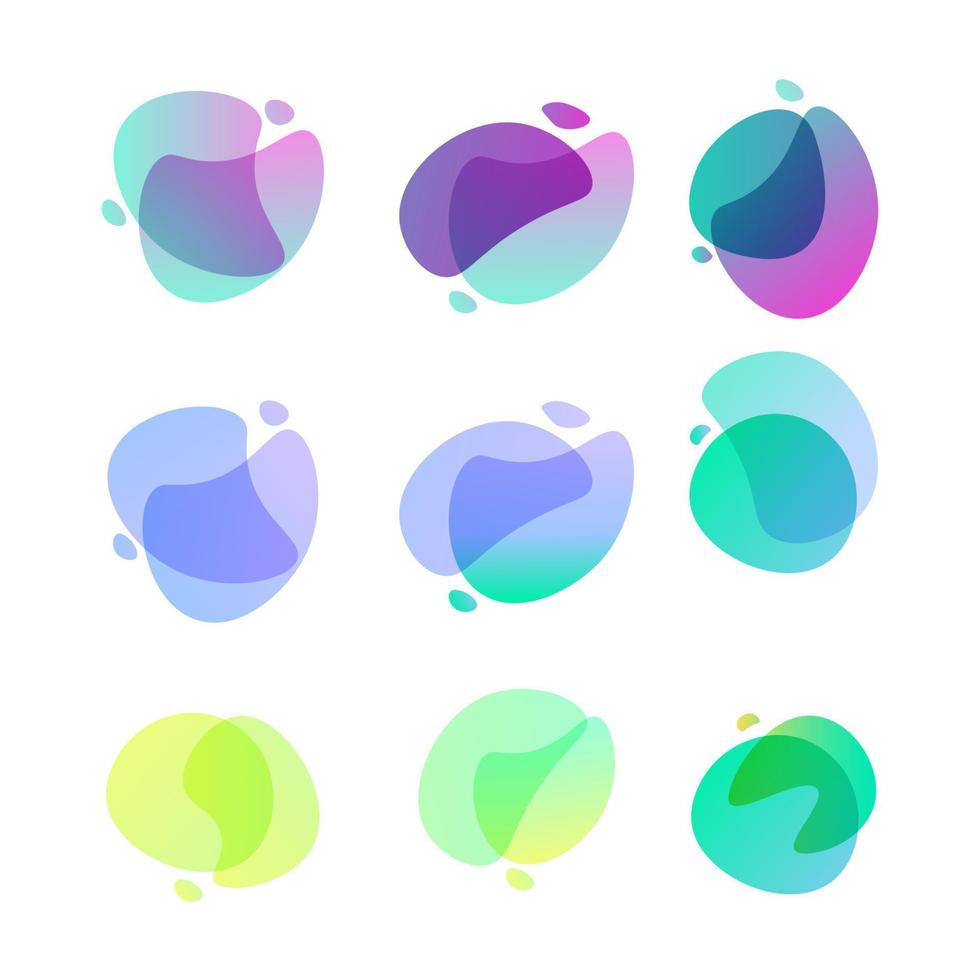 Bright abstract shapes. Set of nine gradient colored forms. Flowing liquid stains. Watercolor stains. Easy to edit vector element of design for banners, logo, etc