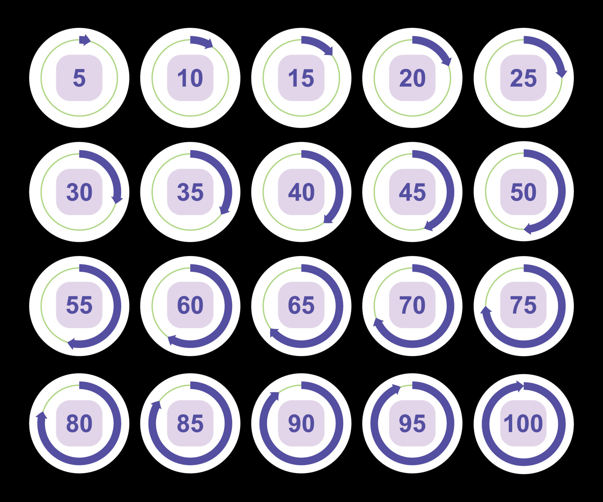 Colored pie chart set. Circle percentage diagram for application