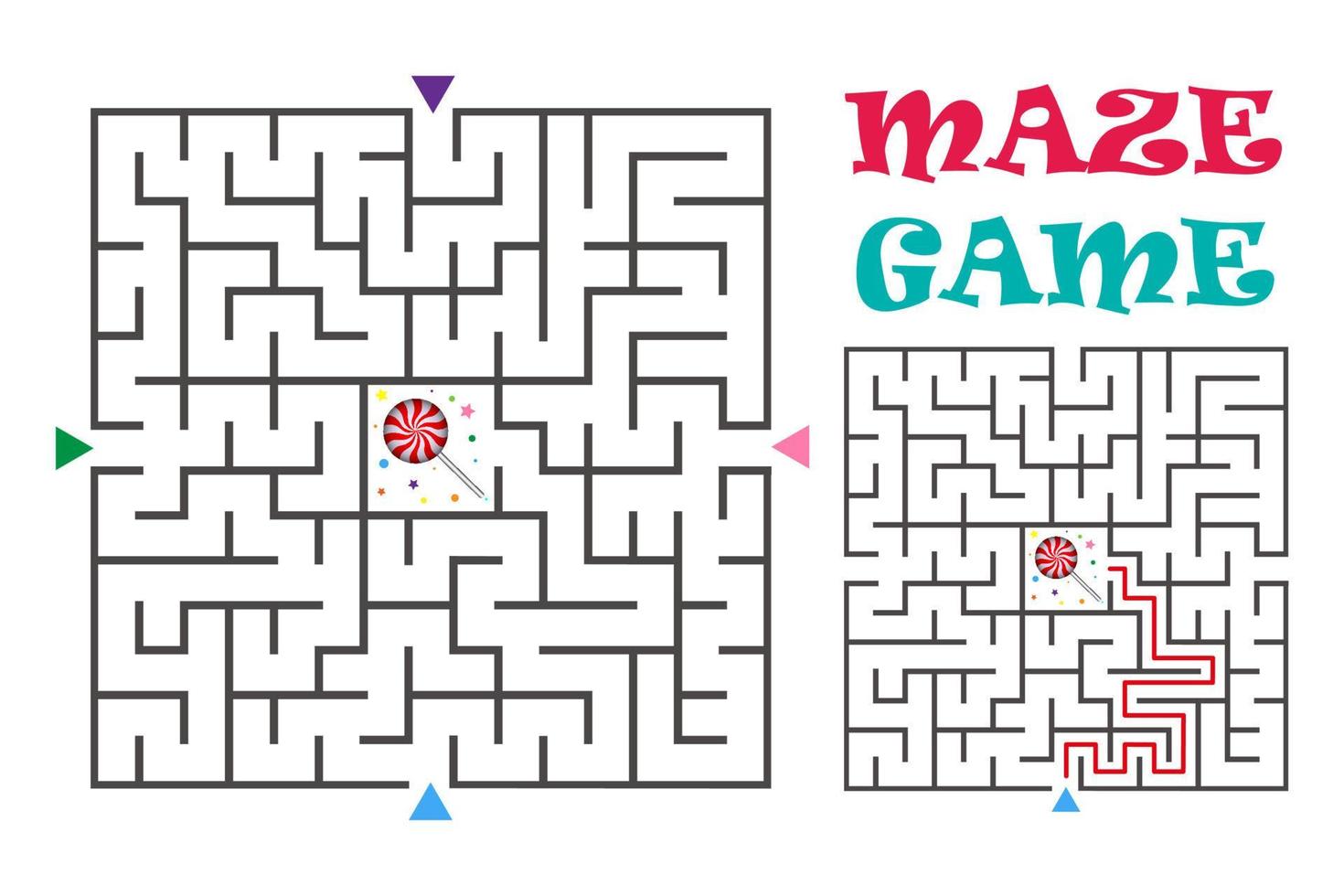 Square maze labyrinth game for kids. Logic conundrum with candy. Three entrance and one right way to go. Vector flat illustration isolated on white background.