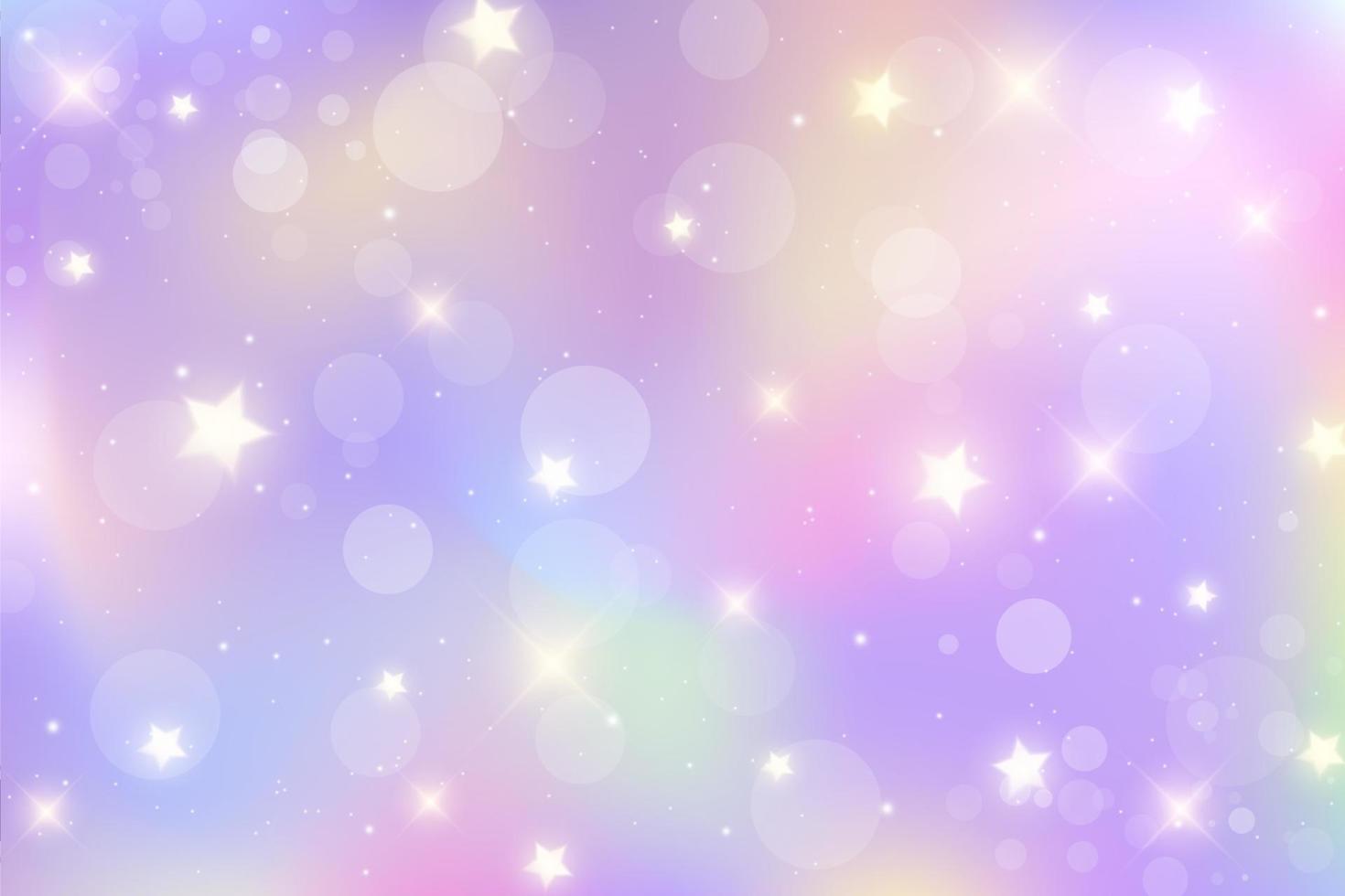 fondo de fantasía del arco iris. cielo multicolor brillante con estrellas y bokeh. ilustración holográfica en colores pastel violeta y rosa. lindo fondo de pantalla femenino de dibujos animados. vector. vector