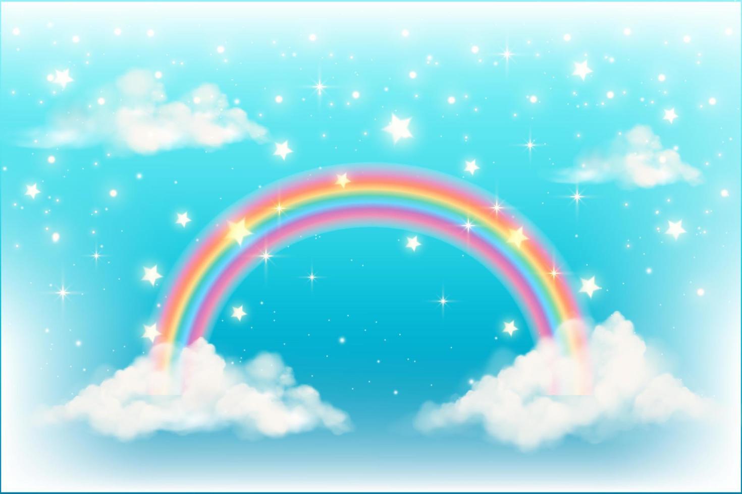Fantasy rainbow background with clouds on blue sky. Magical landscape, abstract fabulous wallpaper with stars and sparkles. Arched realistic spectrum. Vector. vector