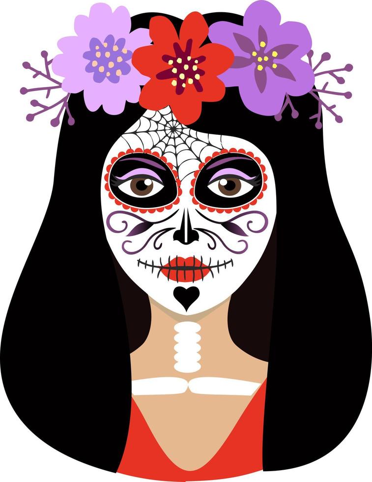 Day of the dead girl vector illustration. Young woman sugar head makeup for mexican party on dia de los muertos. Female character with Mexican Catrina makeup