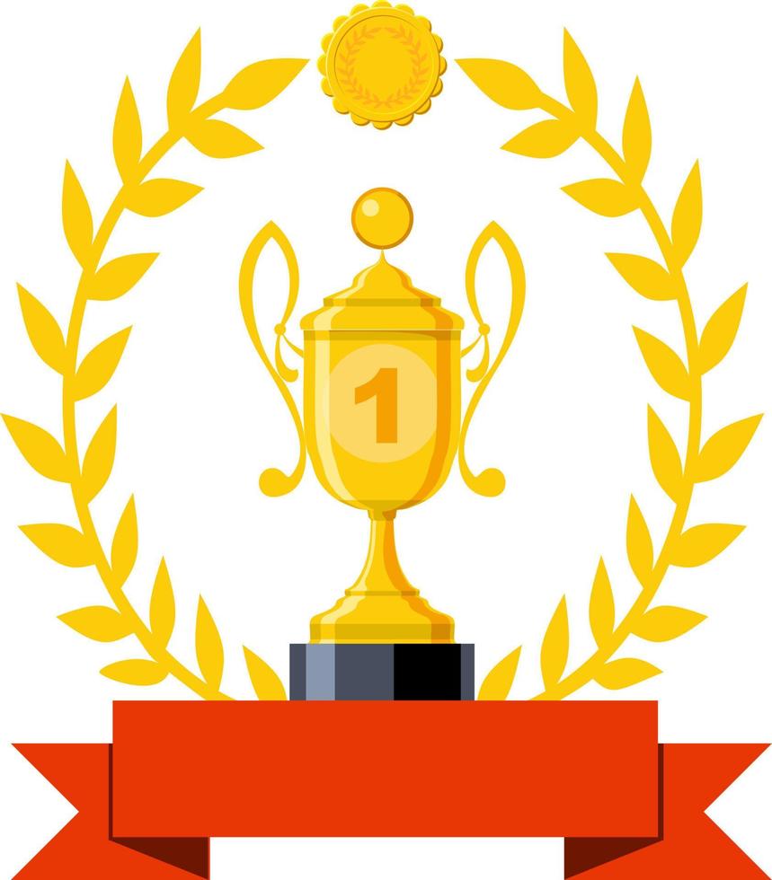 ganador. ganar un premio. celebración del campeón con trofeo de oro, premio. símbolo de victoria con cinta vector