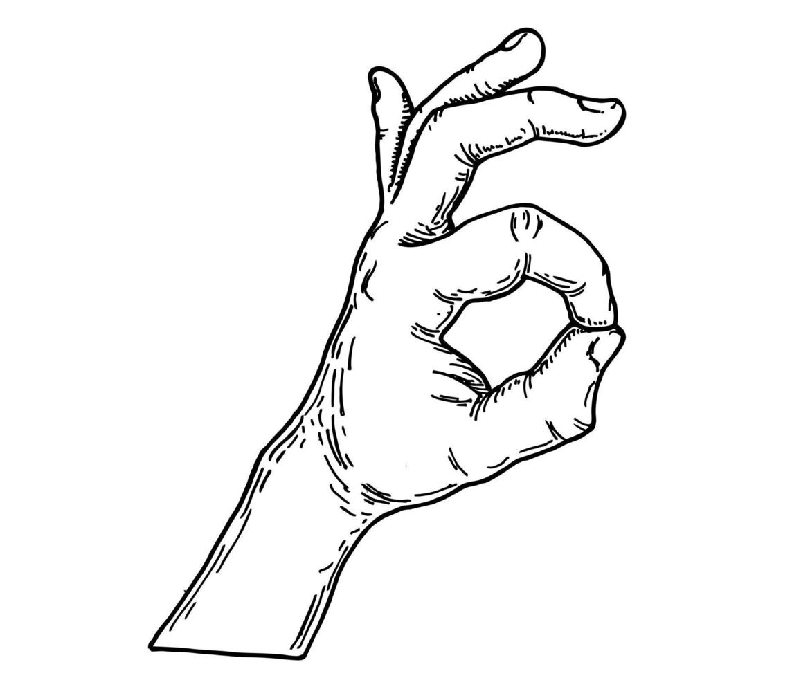 sketch Ok gesture. Ok sign with fingers. Icon of ok. Vector black vintage engraved illustration isolated on white background.