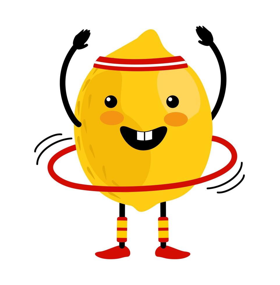 Cute lemon cartoon character doing exercises with hula hoop. Eating healthy. Isolated illustration on a white background. Healthy, sportive lifestyle concept. vector