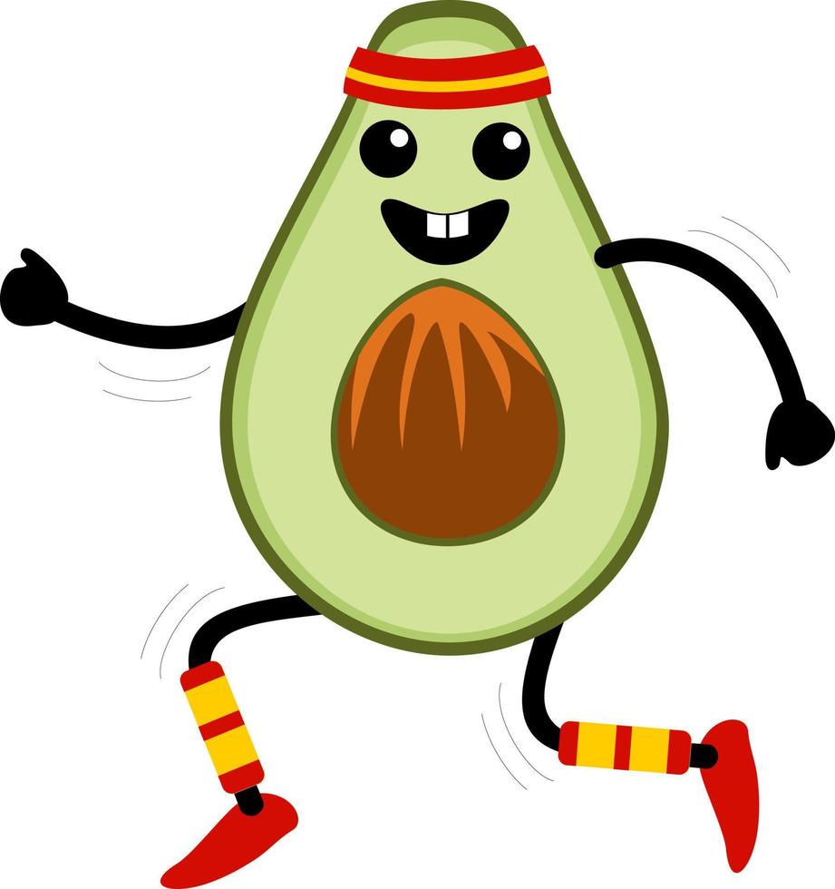 lindo y divertido jogging de aguacate. divertida ilustración de salud y fitness con personaje de dibujos animados de frutas. estilo kawaii. concepto de personaje de entrenamiento de aguacate vector