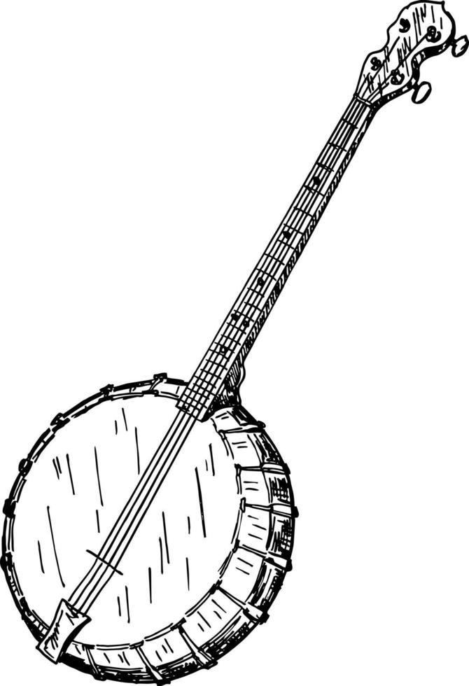 banjo americano aislado instrumento musical retro. vector guitarra banjo de cuatro cuerdas, acompañamiento cordal. boceto dibujado a mano banjo