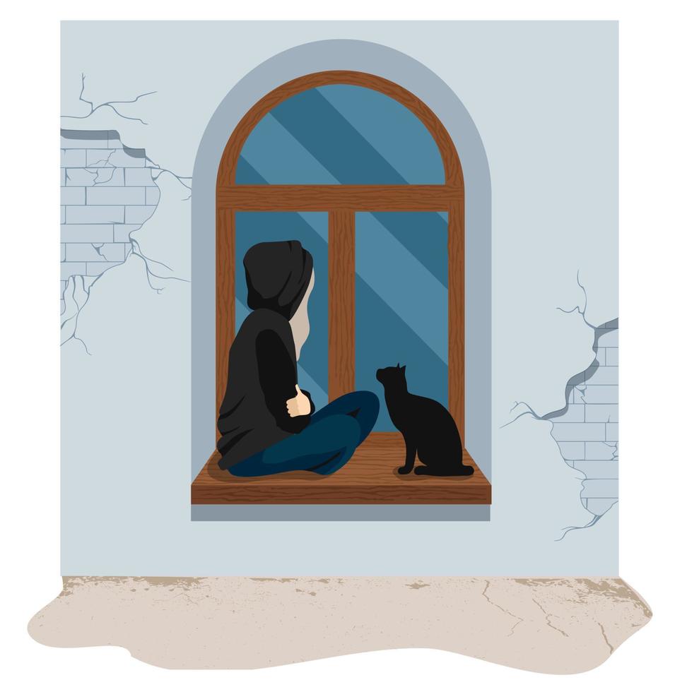 Sad and depressed girl sitting on on the windowsill with her cat. Sad teenager. Depressed woman and cat. flat vector illustration.