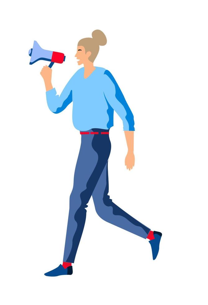 Woman with megaphone. Speaker holding a megaphone. Promoter advertising using a speaker vector