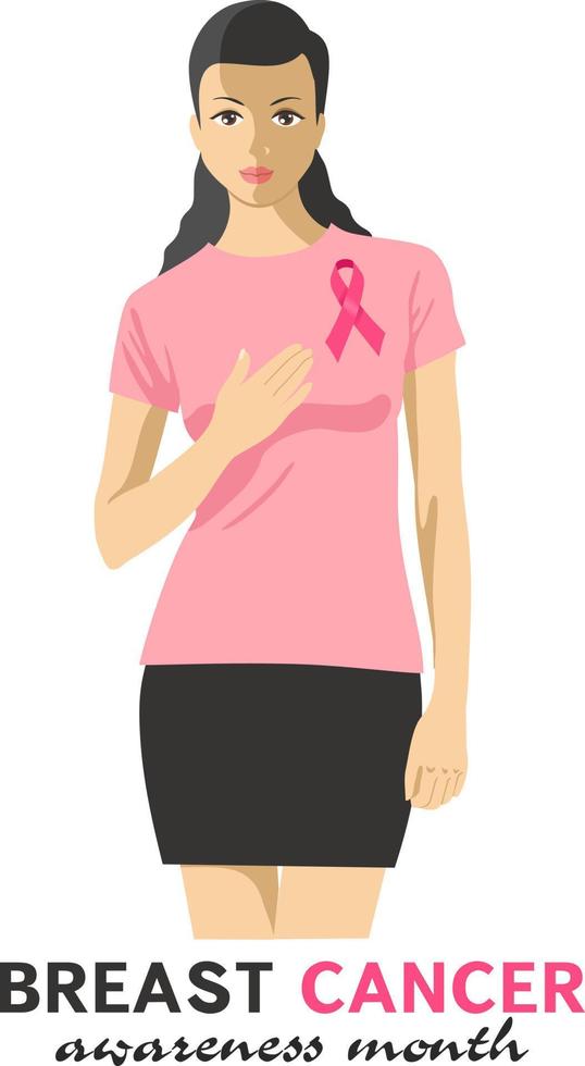 Ilustración de vector de concepto de conciencia de cáncer de mama. hermosa mujer con cinta rosa para ayudar a promover la concientización sobre el cáncer de mama