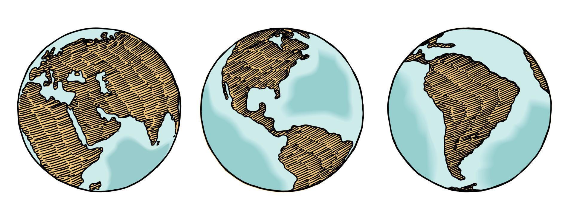 Globe sketch. Hand drawn earth planet with continents and oceans.  Planet and world sketch map with ocean and land vector