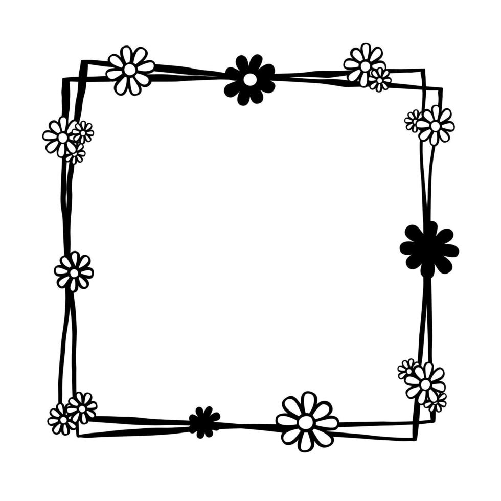 flores de margarita de línea simple negra con marco cuadrado doble. ilustración vectorial para decorar el logotipo, tarjetas de felicitación y cualquier diseño. recurso de elementos básicos sobre la naturaleza. vector