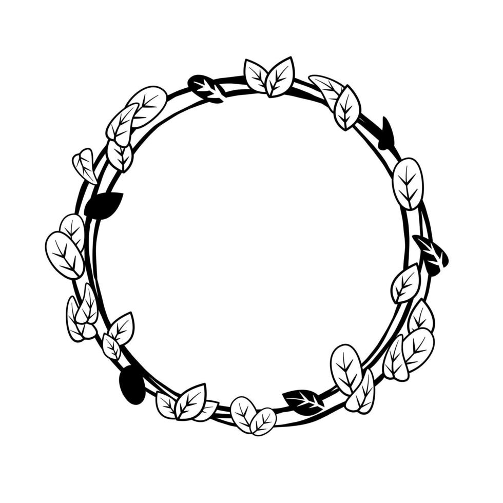 Monochrome Leaves on Triple Circle Frame. Vector illustration for decorate logo, text, greeting cards and any design.